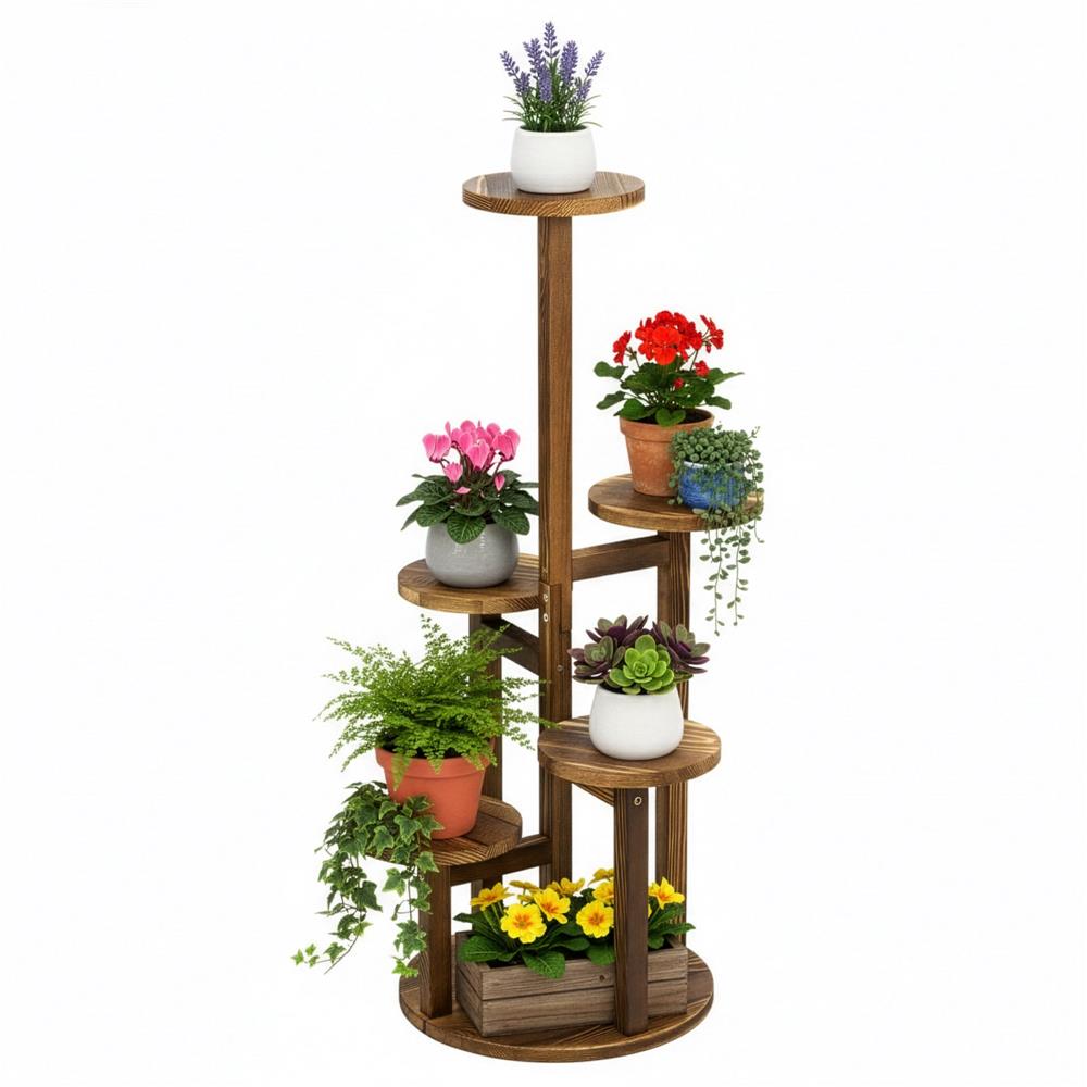 Suport pentru flori, din lemn si MDF, 6 niveluri pentru ghivece, 48x48x87 cm, maro Household NewTrend