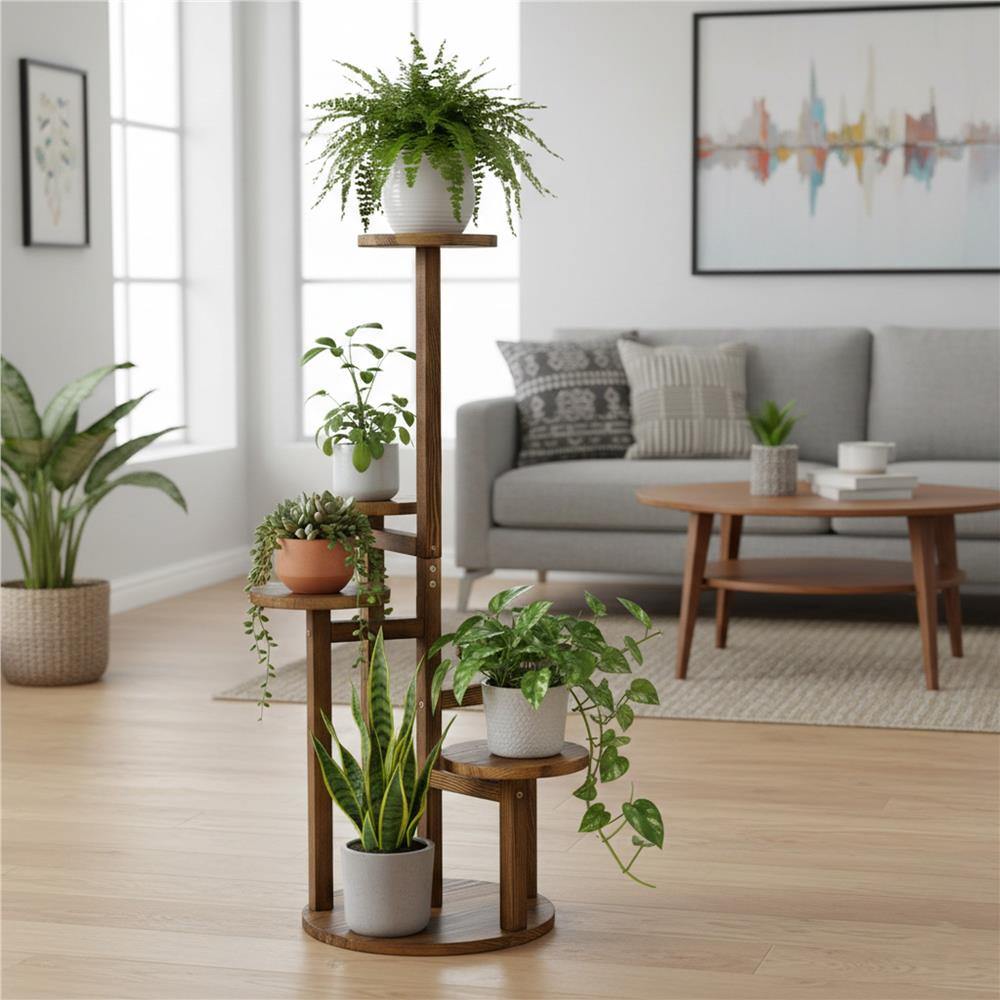 Suport pentru flori, din lemn si MDF, 6 niveluri pentru ghivece, 48x48x87 cm, maro Household NewTrend