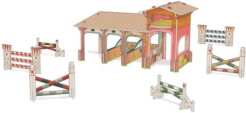 Set figurine Papo Poney Club cu boxă din carton și 4 figurine ecvestre