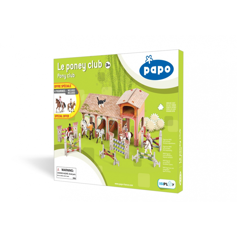Set figurine Papo Poney Club cu boxă din carton și 4 figurine ecvestre