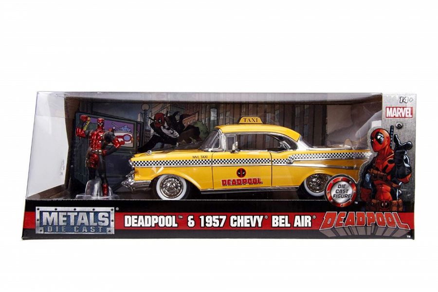 Masinuta metalica Deadpool Chevy Bel Air 1957 Taxi galben, scara 1:24
