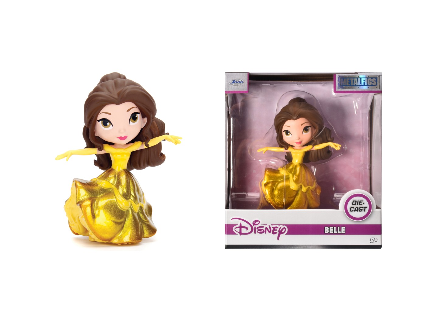 Figurină Disney Princess Belle cu rochiță aurie din metal, 10 cm