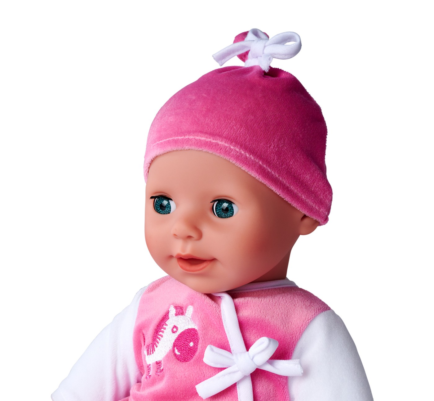 Papusa bebelus Laura Babbling 38 cm cu 24 sunete, suzeta si biberon