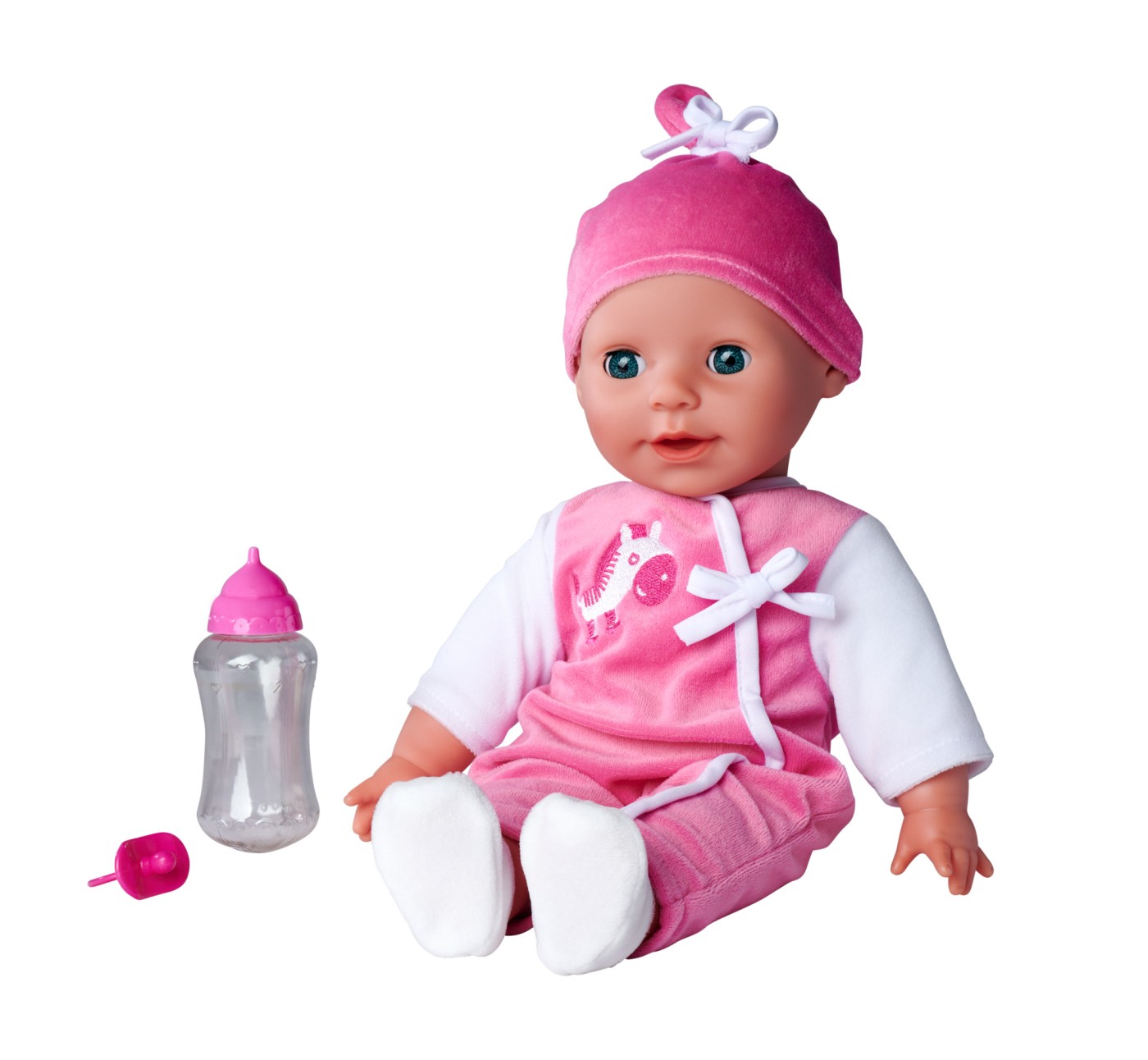 Papusa bebelus Laura Babbling 38 cm cu 24 sunete, suzeta si biberon