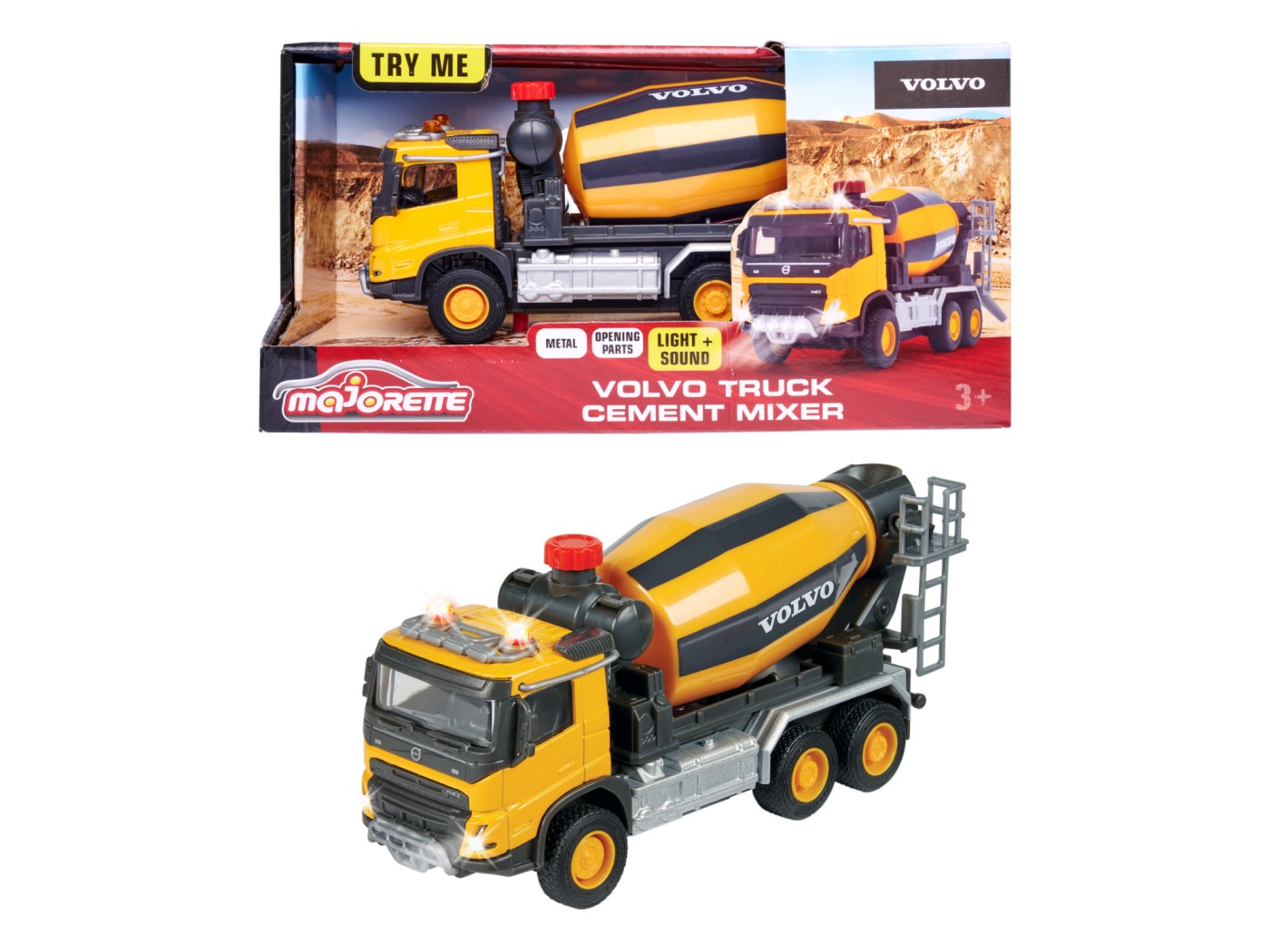 Betonieră Volvo Majorette 19 cm cu lumini, sunete și piese metalice