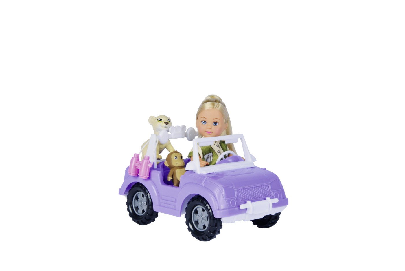 Papusa Evi Love cu vehicul Safari, jeep mov si accesorii