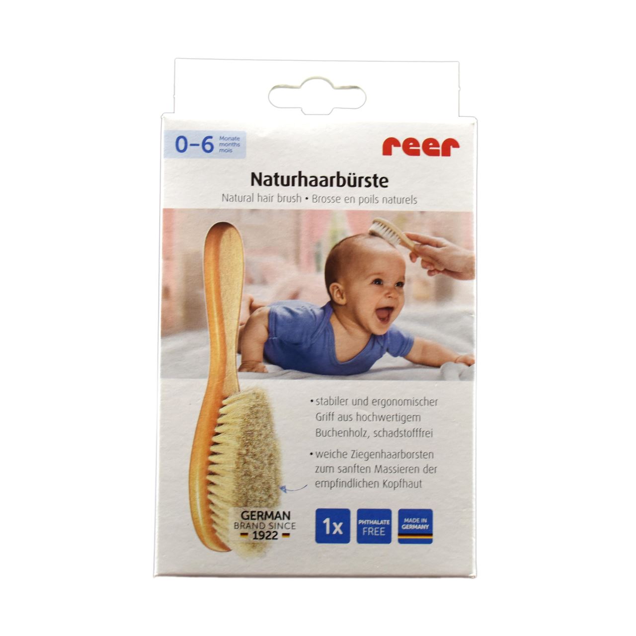Perie pentru bebelusi cu par natural de capra si maner din lemn Reer