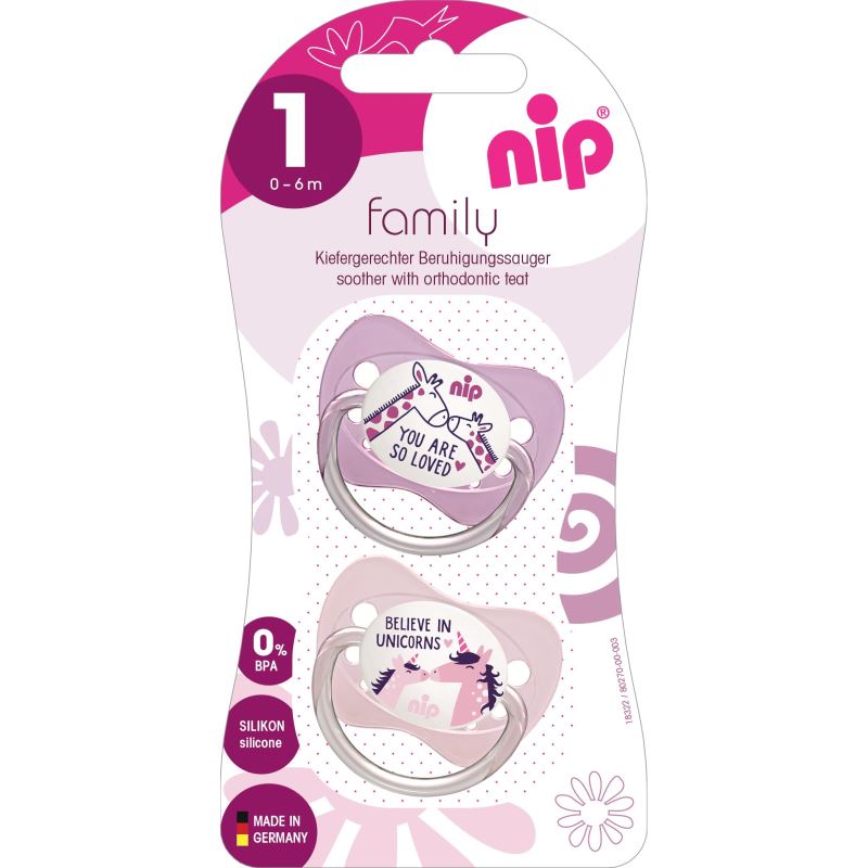 Set 2 suzete Family cu tetina din latex natural, forma anatomica, tetina ortodontica, cu inel, 0-6 luni, nip 31000