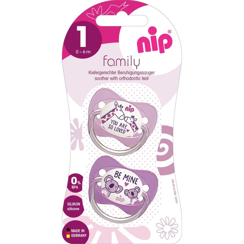 Set 2 suzete Family cu tetina din latex natural, forma anatomica, tetina ortodontica, cu inel, 0-6 luni, nip 31000