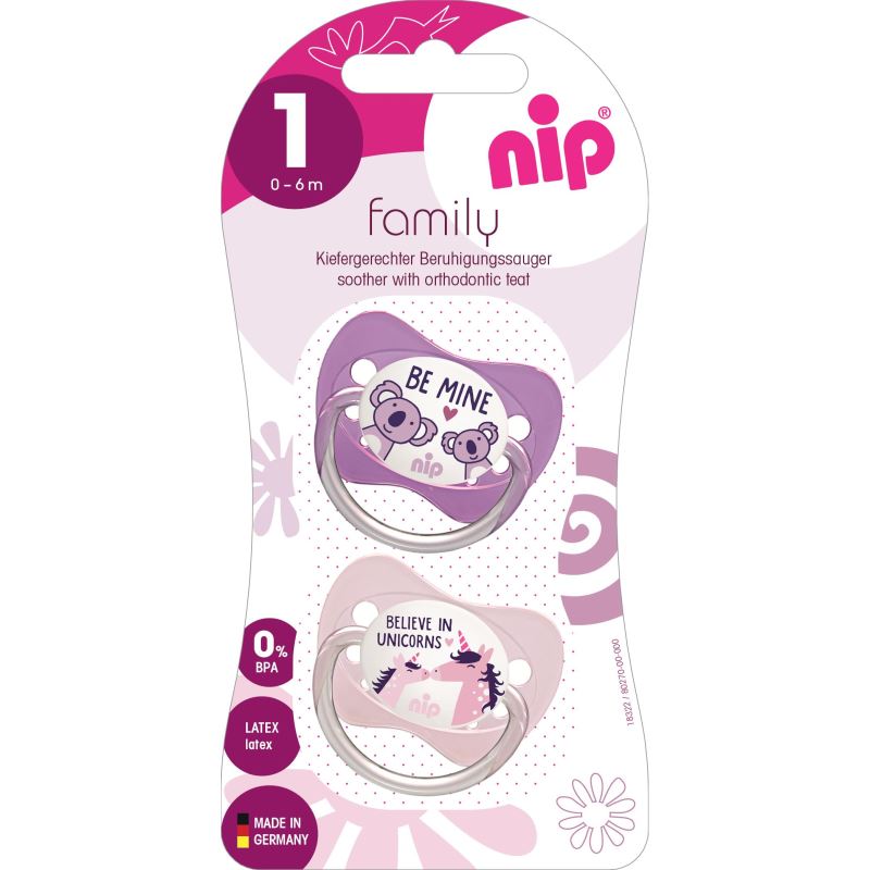 Set 2 suzete Family cu tetina din latex natural, forma anatomica, tetina ortodontica, cu inel, 0-6 luni, nip 31000