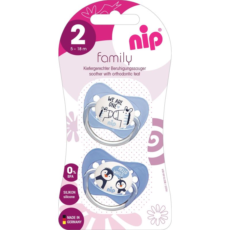 Set 2 suzete Family cu tetina din latex natural, forma anatomica, tetina ortodontica, cu inel, 5-18 luni, nip 31001