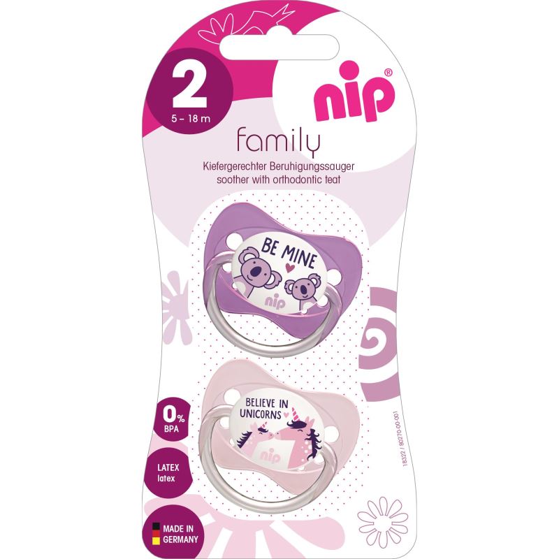Set 2 suzete Family cu tetina din latex natural, forma anatomica, tetina ortodontica, cu inel, 5-18 luni, nip 31001
