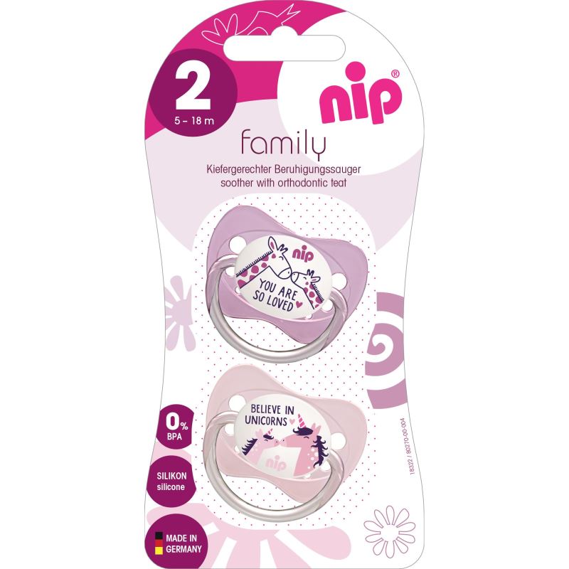 Set 2 suzete Family cu tetina din latex natural, forma anatomica, tetina ortodontica, cu inel, 5-18 luni, nip 31001