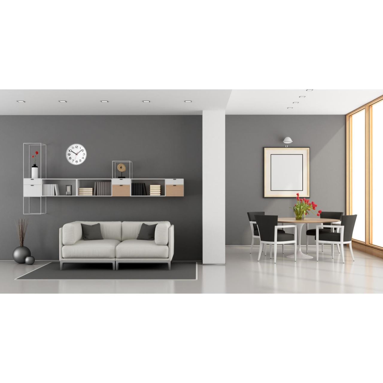 Ceas de perete analog TFA, alb cu argintiu, cifre mari, 28 cm