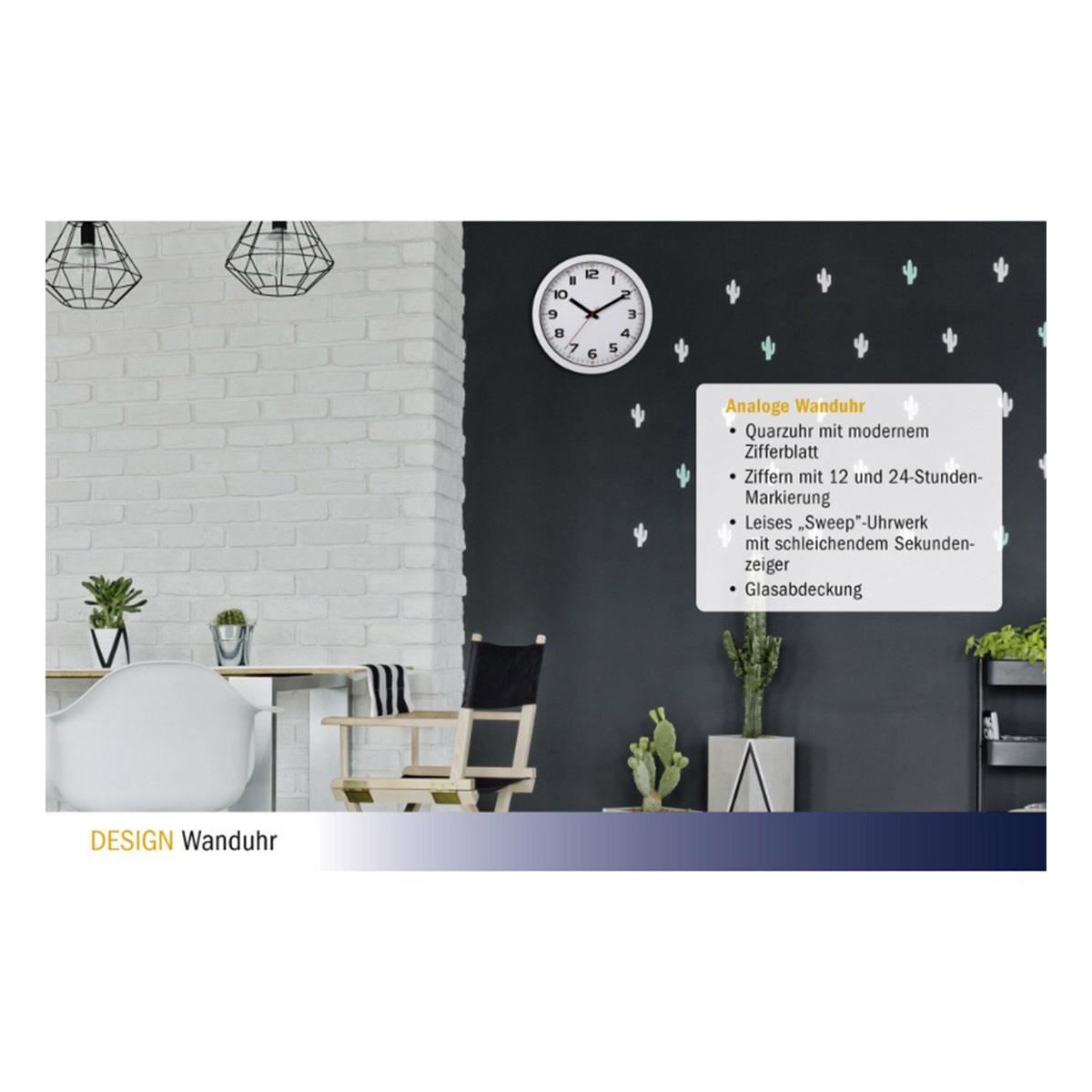 Ceas analog silentios de perete, cu capac din sticla, cifre mari, alb, TFA 60.3050.02