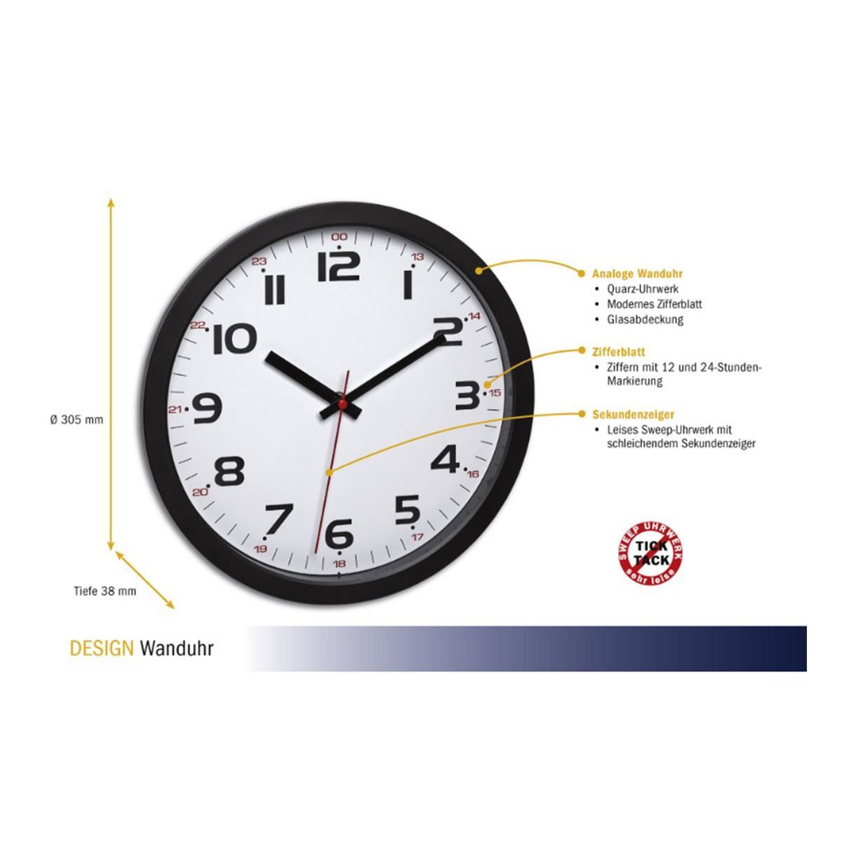 Ceas de perete silentios TFA cu cifre mari si capac din sticla, negru