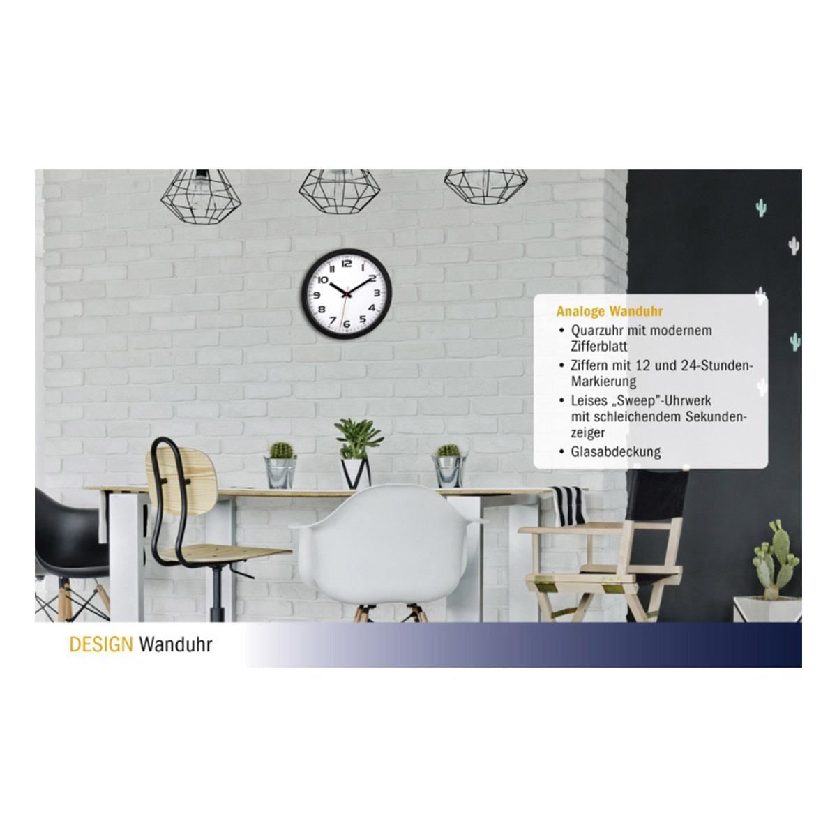 Ceas de perete silentios TFA cu cifre mari si capac din sticla, negru