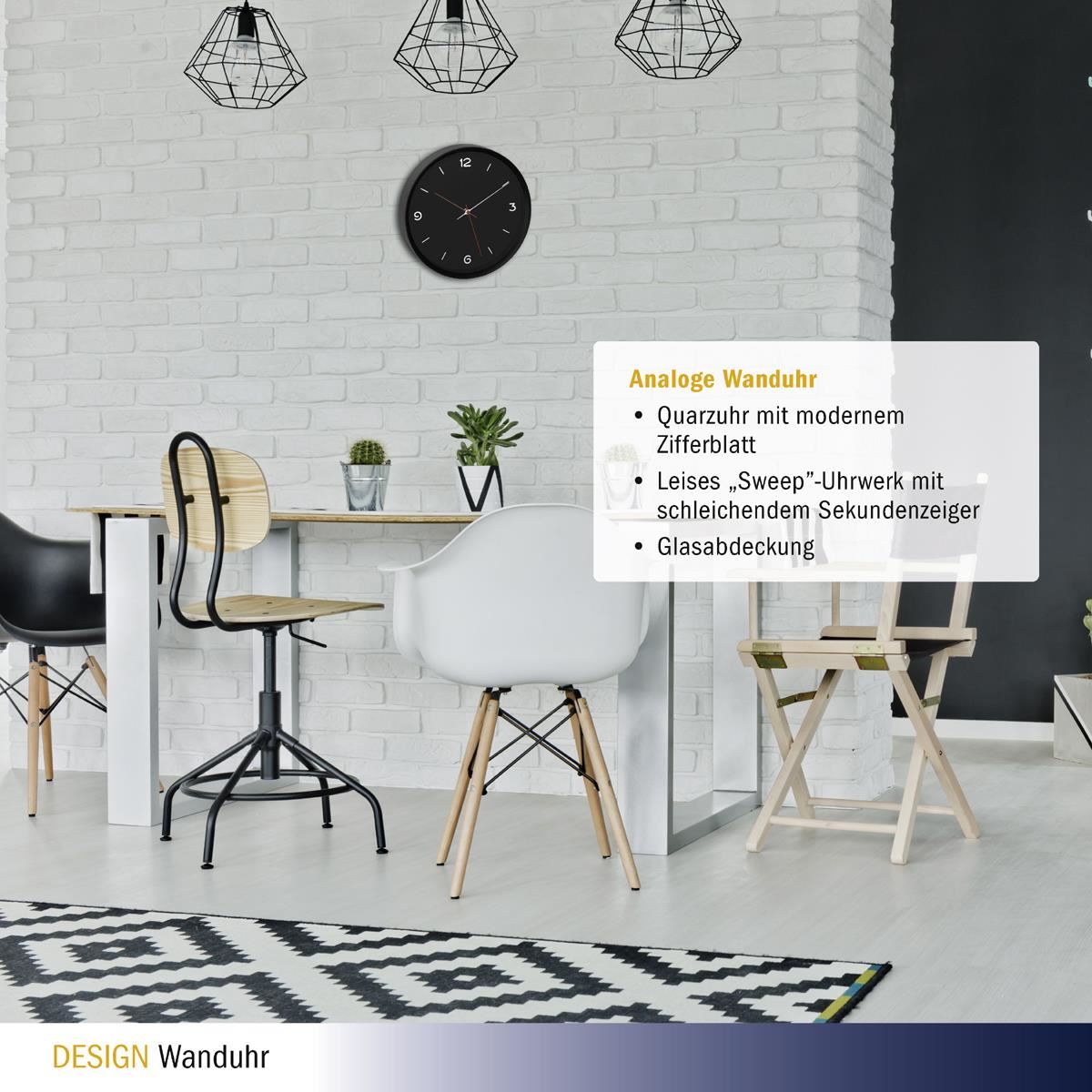 Ceas silentios de perete, analog, negru, monocrom, design minimalist, TFA 60.3056.01