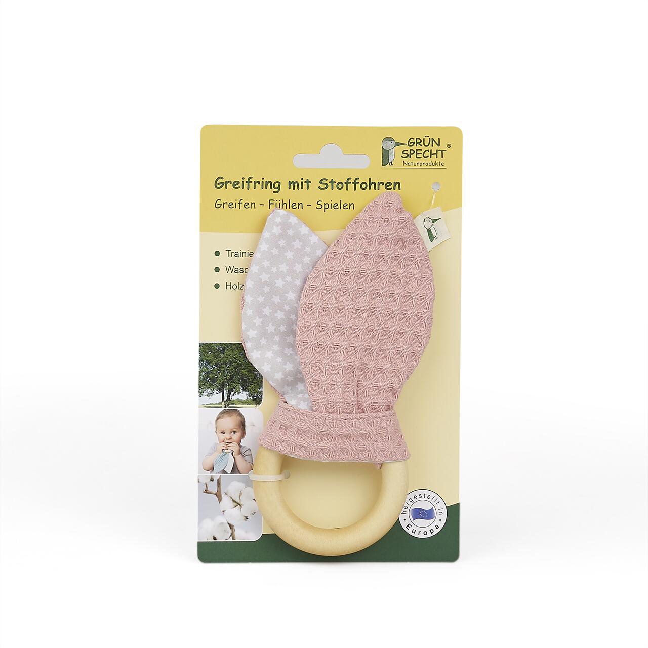 Jucărie tactilă pentru bebeluși cu inel din lemn și urechi textile roz