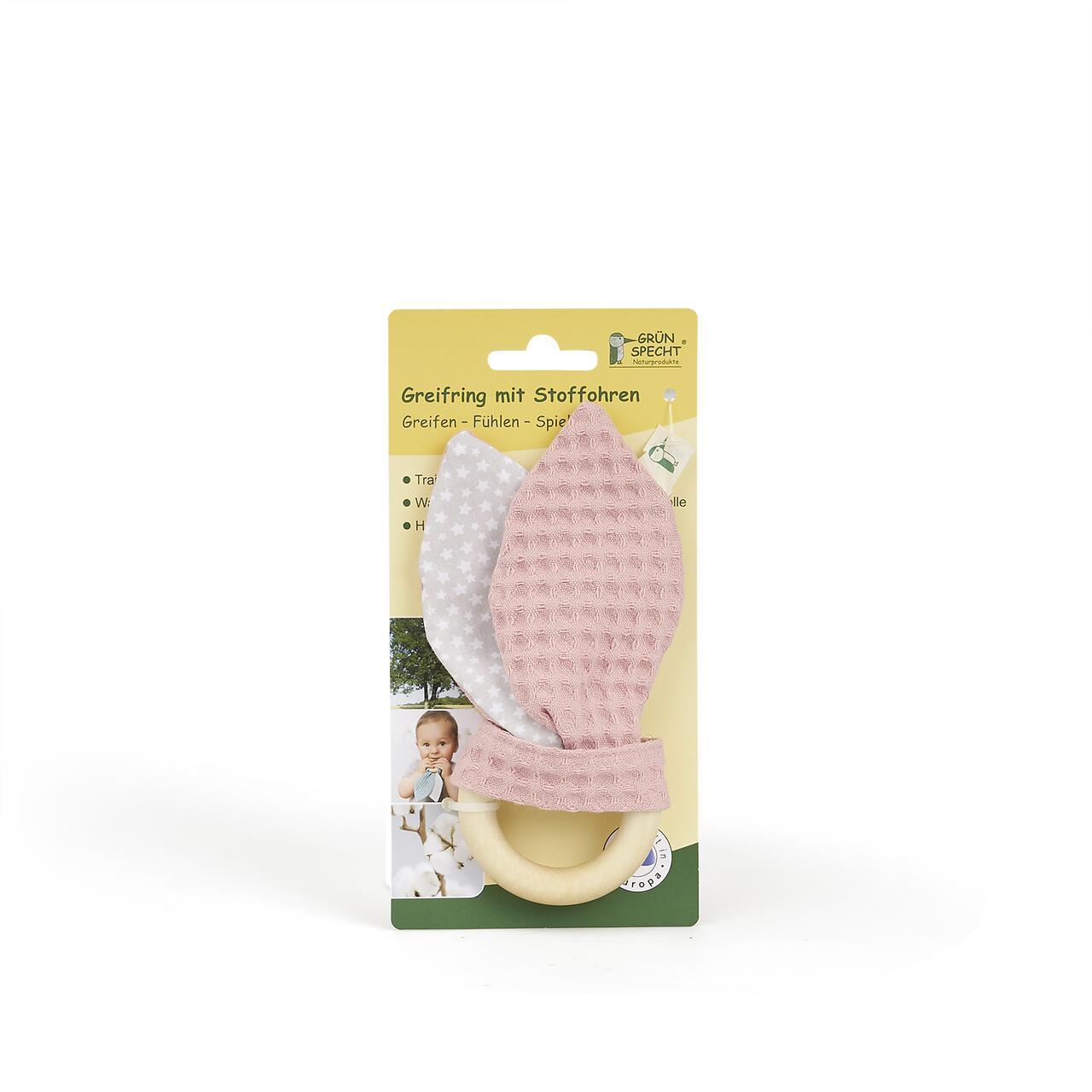 Jucărie tactilă pentru bebeluși cu inel din lemn și urechi textile roz