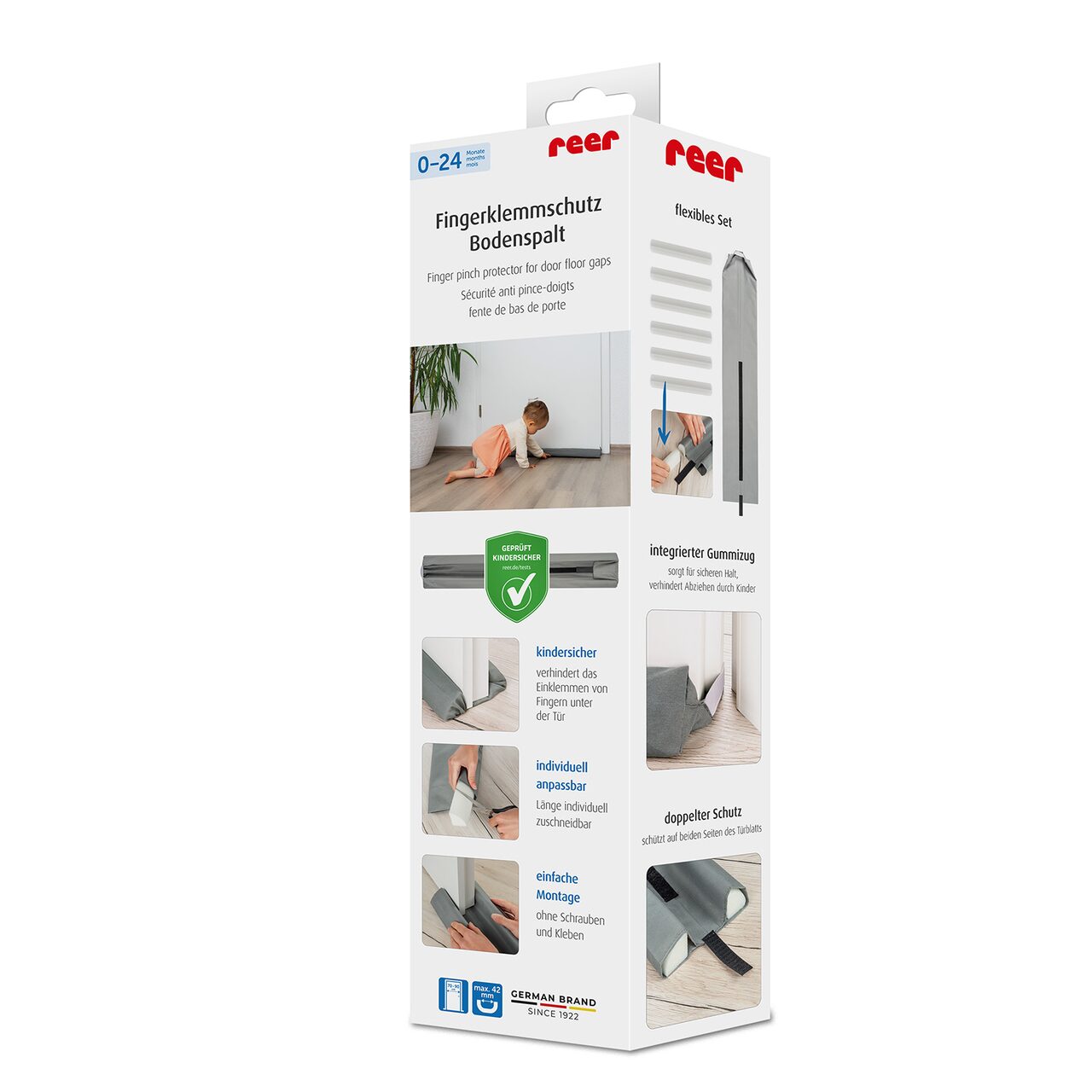 Protectie impotriva prinderii degetelor sub usa, opreste curentii de aer si izoleaza fonic, husa lavabila, 0-24 luni, gri, Reer 70121