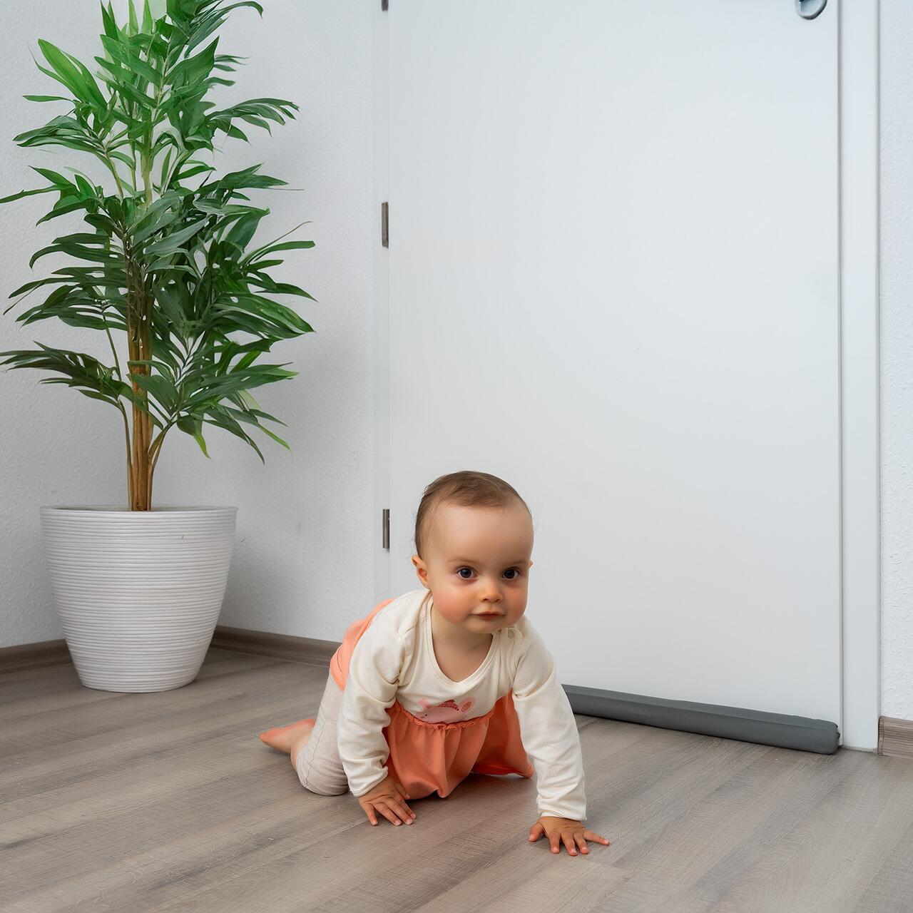 Protectie impotriva prinderii degetelor sub usa, opreste curentii de aer si izoleaza fonic, husa lavabila, 0-24 luni, gri, Reer 70121