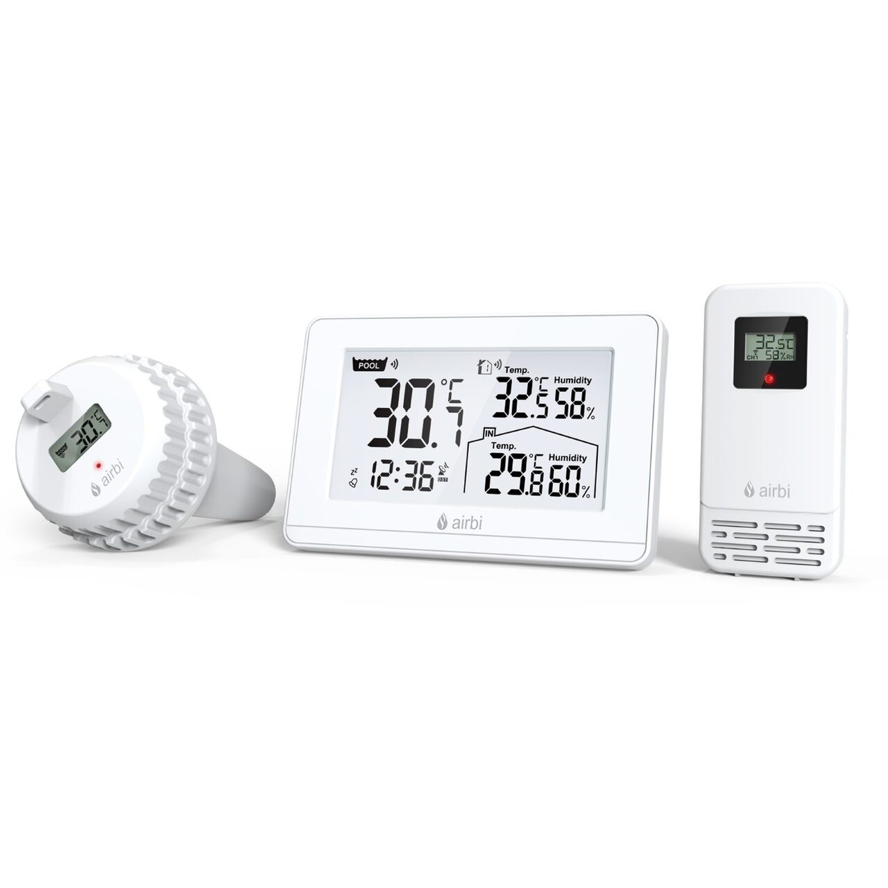 Termometru si higrometru digital de camera, cu senzori wireless pentru exterior si pentru apa din piscina, lumina de fundal, Airbi POOL BI1021