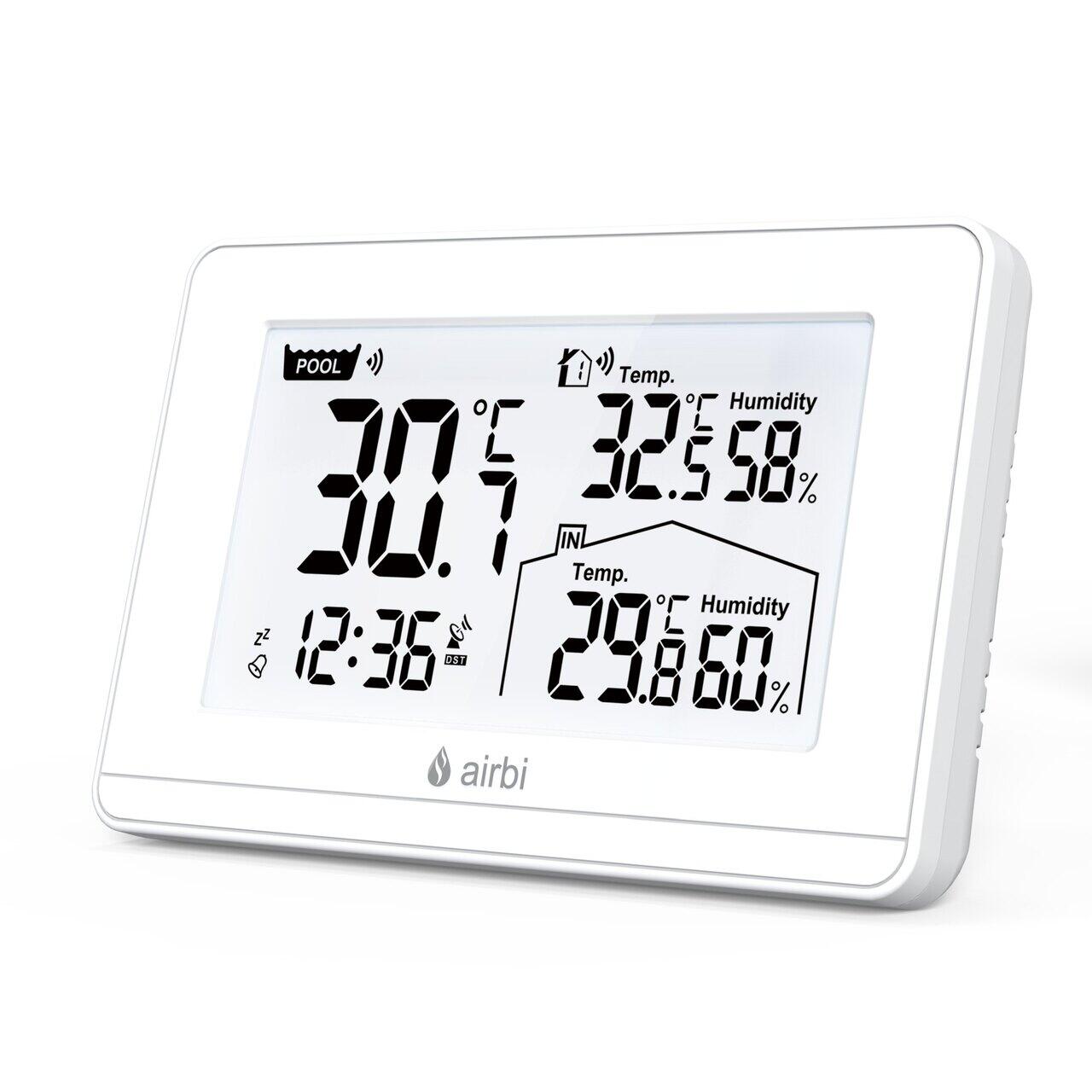 Termometru si higrometru digital de camera, cu senzori wireless pentru exterior si pentru apa din piscina, lumina de fundal, Airbi POOL BI1021