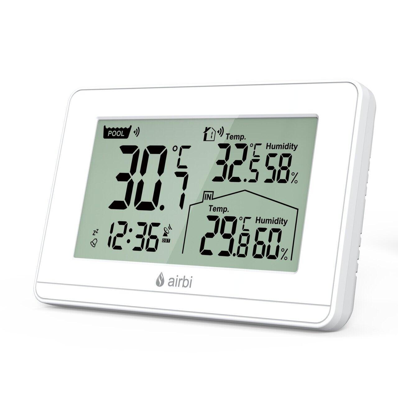 Termometru si higrometru digital de camera, cu senzori wireless pentru exterior si pentru apa din piscina, lumina de fundal, Airbi POOL BI1021