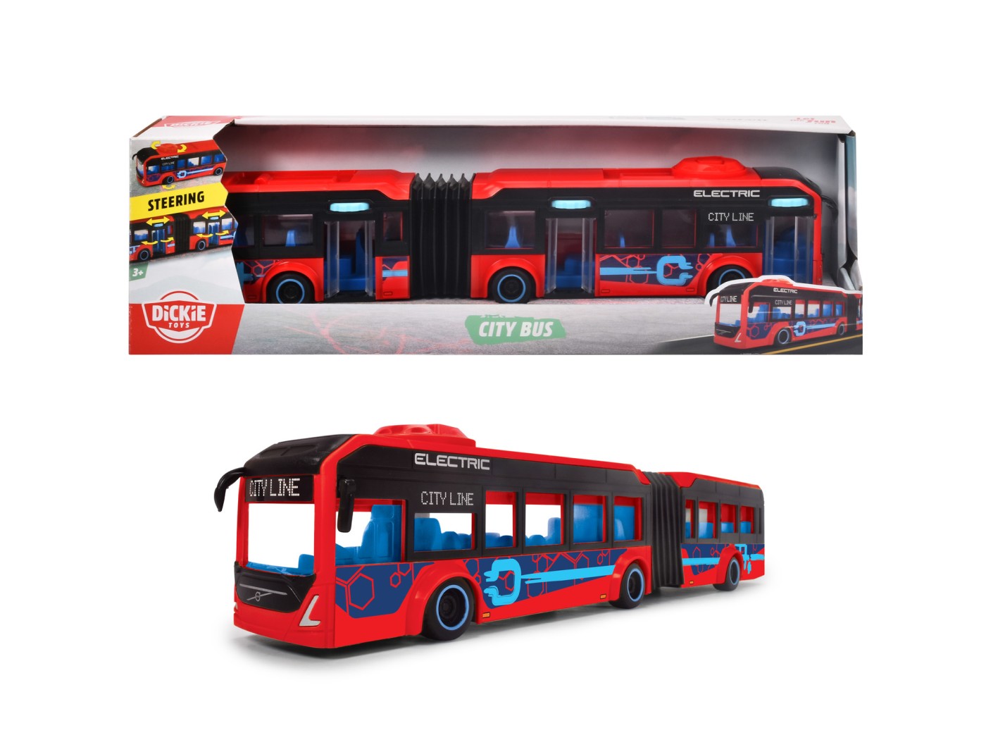 Autobuz Volvo City Bus Dickie Toys 40 cm, rosu, cu usi mobile