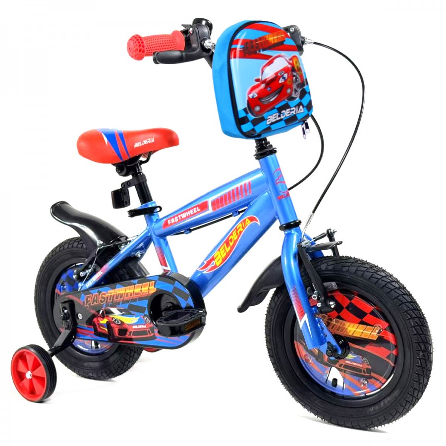 Bicicleta pentru copii 5-8 ani Belderia Fastwheel, roti 16 inch, cu roti ajutatoare si frane V-Brake, albastru