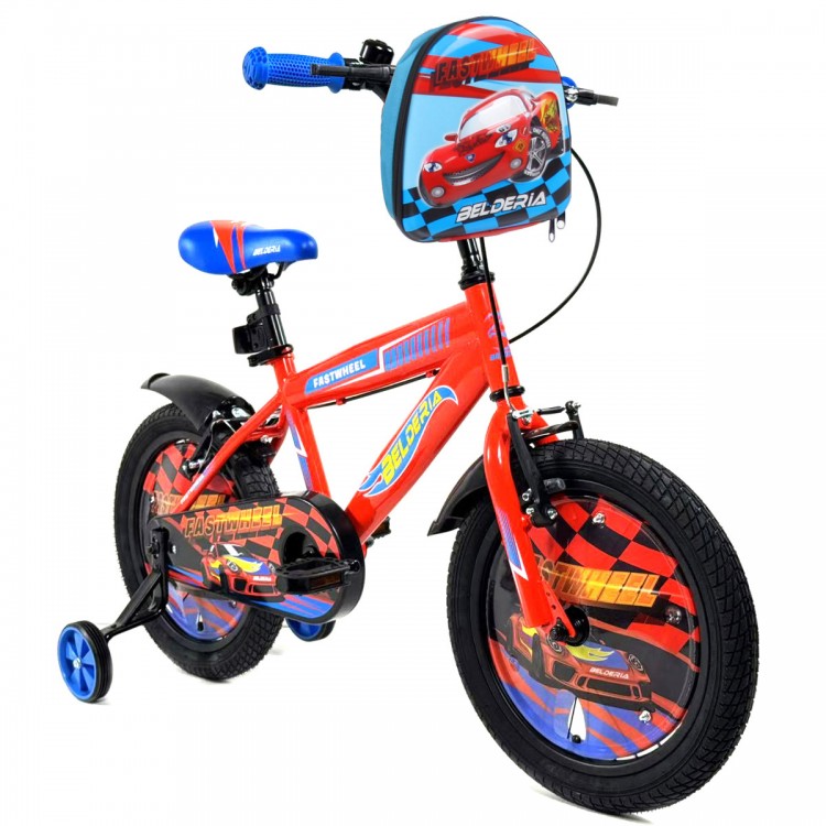 Bicicleta pentru copii 5-8 ani Belderia Fastwheel, roti 16 inch, cu roti ajutatoare si frane V-Brake, albastru