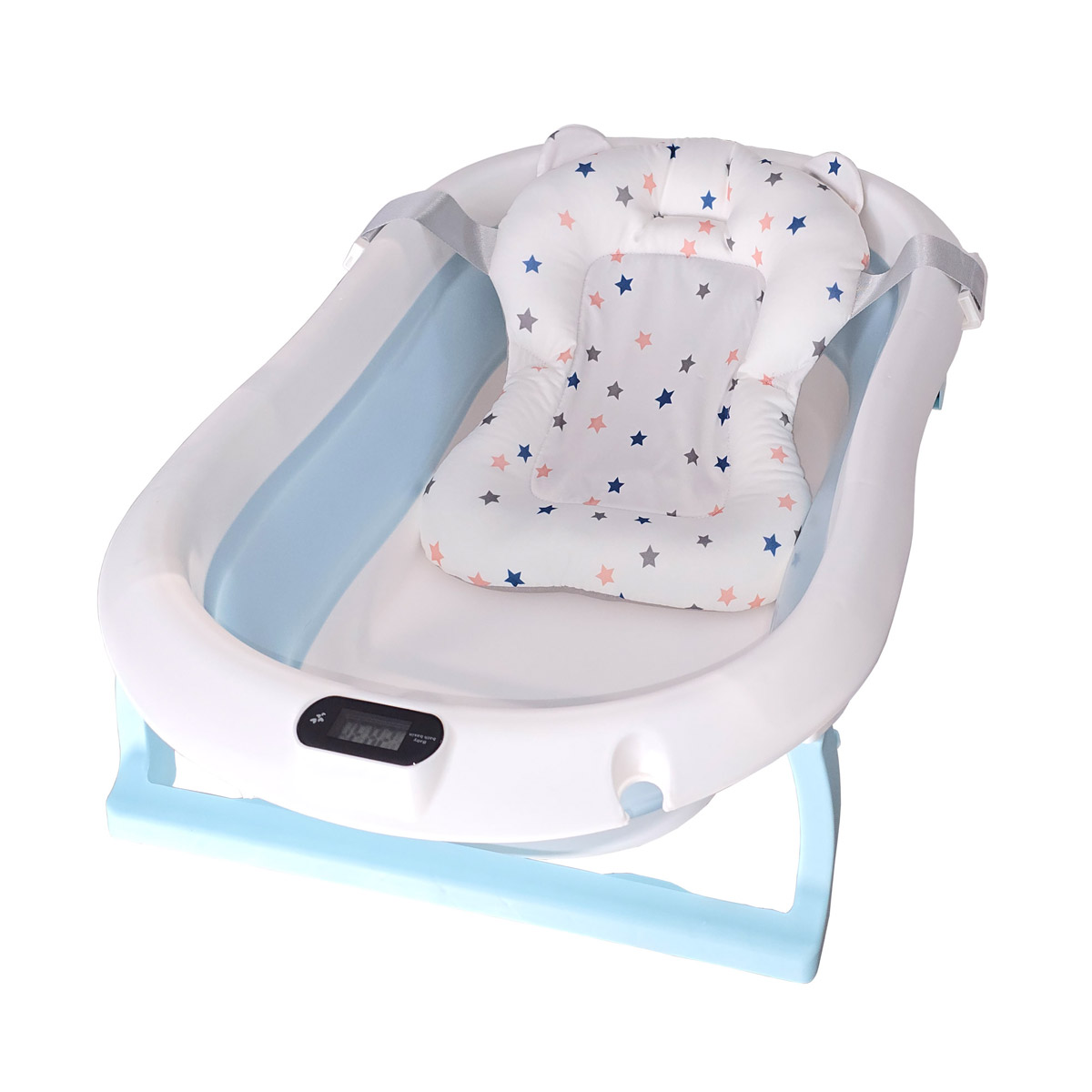 Cadita pliabila bebelusi albastra, suport metalic KidsCare, termometru, perna reductor, jucarii, protectie cap, cana pliabila