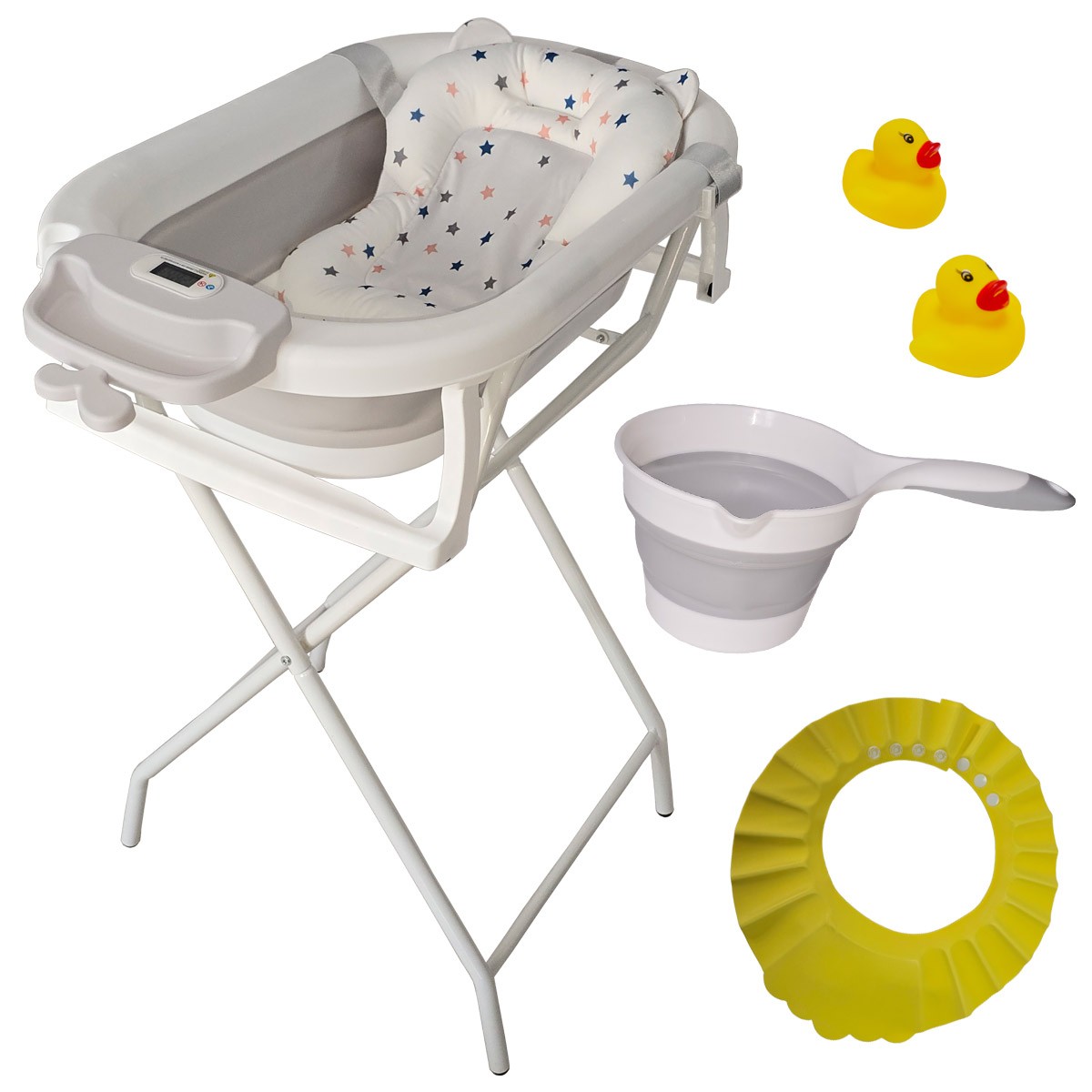 Cadita pliabila gri cu suport metalic KidsCare, termometru, perna reductor, jucarii, protectie cap, cana pliabila