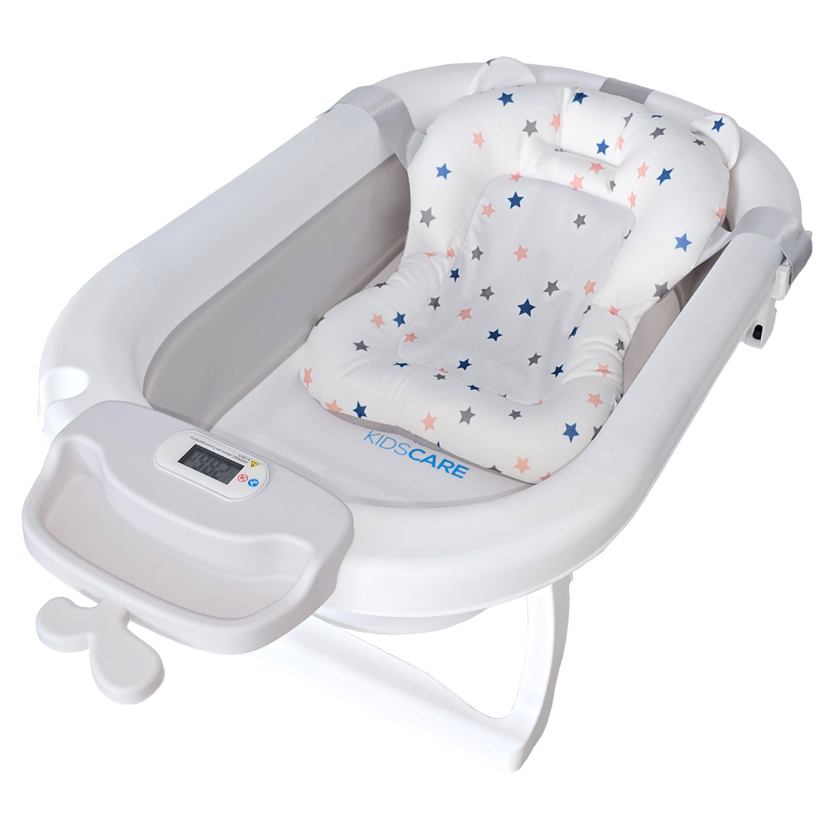 Cadita pliabila gri cu suport metalic KidsCare, termometru, perna reductor, jucarii, protectie cap, cana pliabila