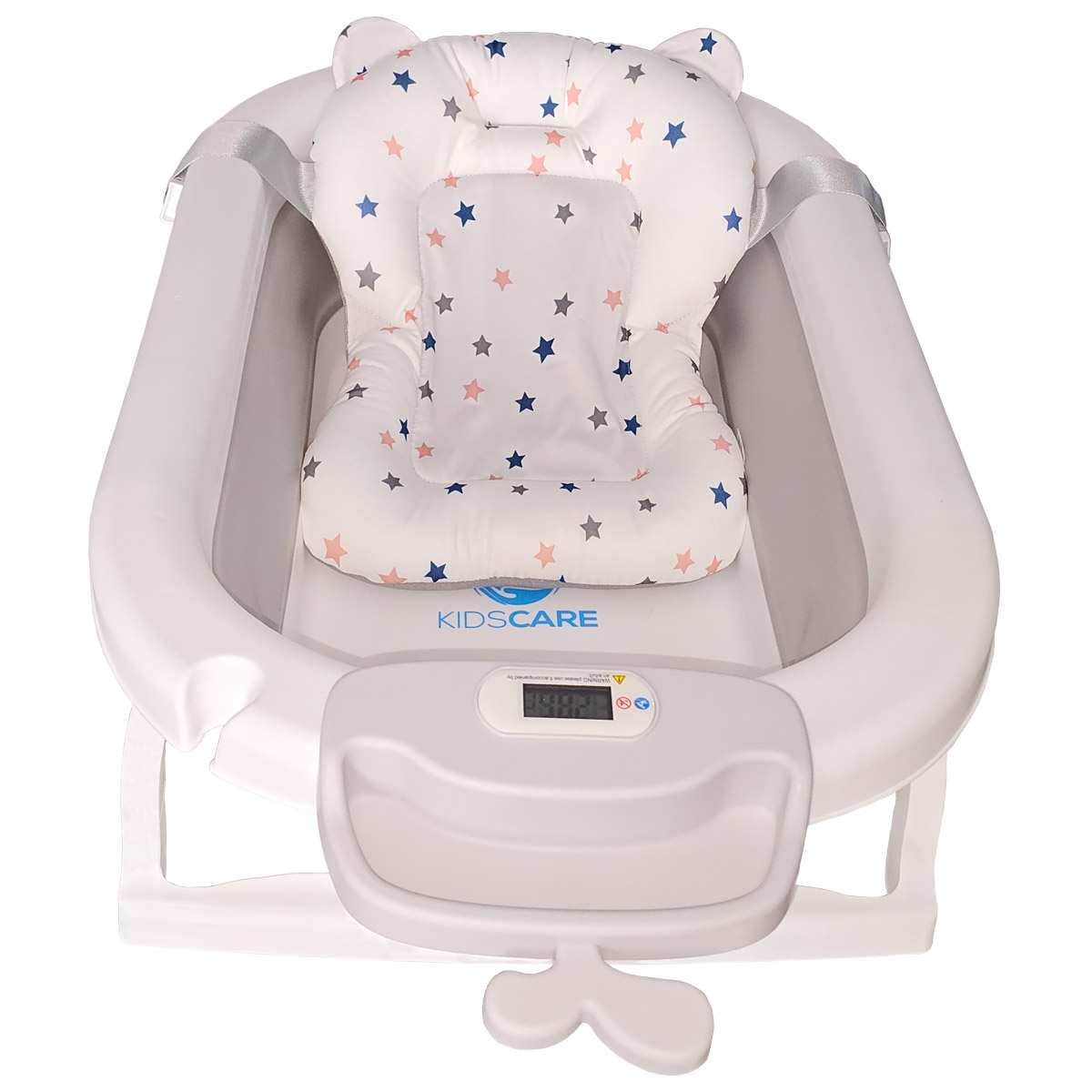 Cadita pliabila gri cu suport metalic KidsCare, termometru, perna reductor, jucarii, protectie cap, cana pliabila