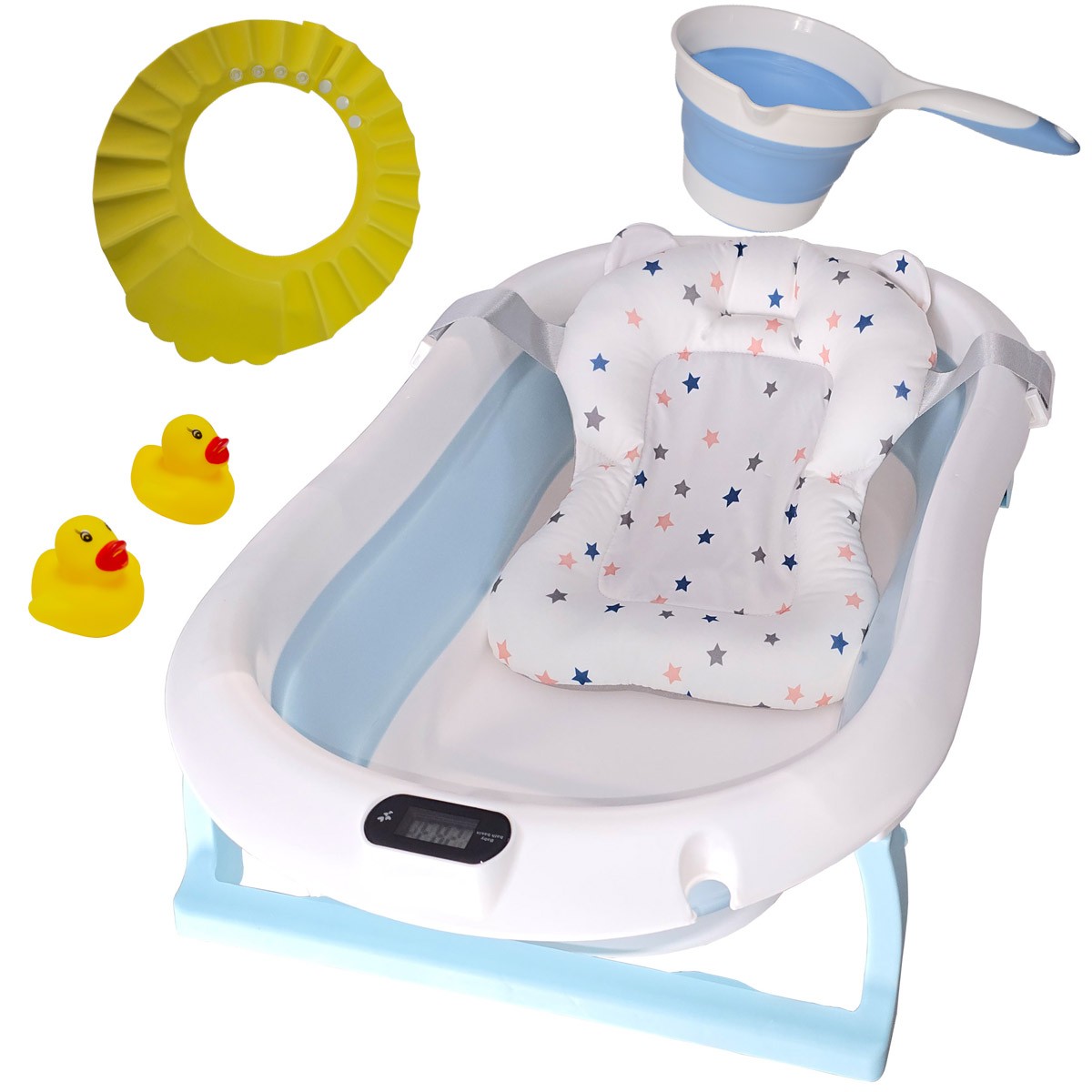 Cadita pliabila pentru bebelusi albastra KidsCare, termometru, perna reductor, jucarii, protectie cap, cana pliabila