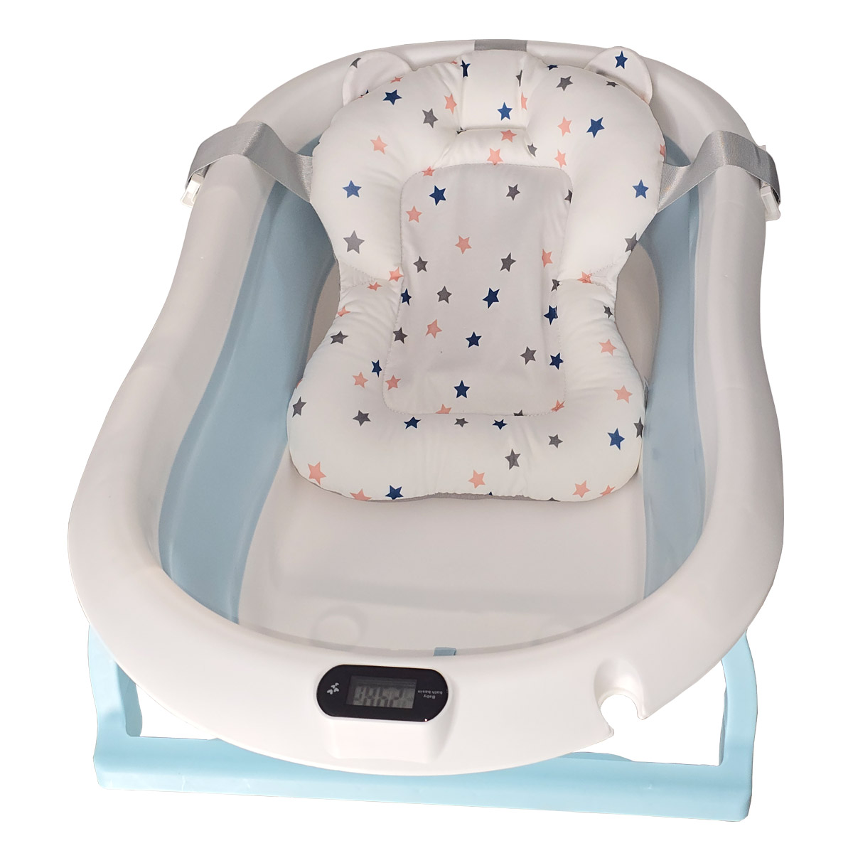 Cadita pliabila pentru bebelusi albastra KidsCare, termometru, perna reductor, jucarii, protectie cap, cana pliabila