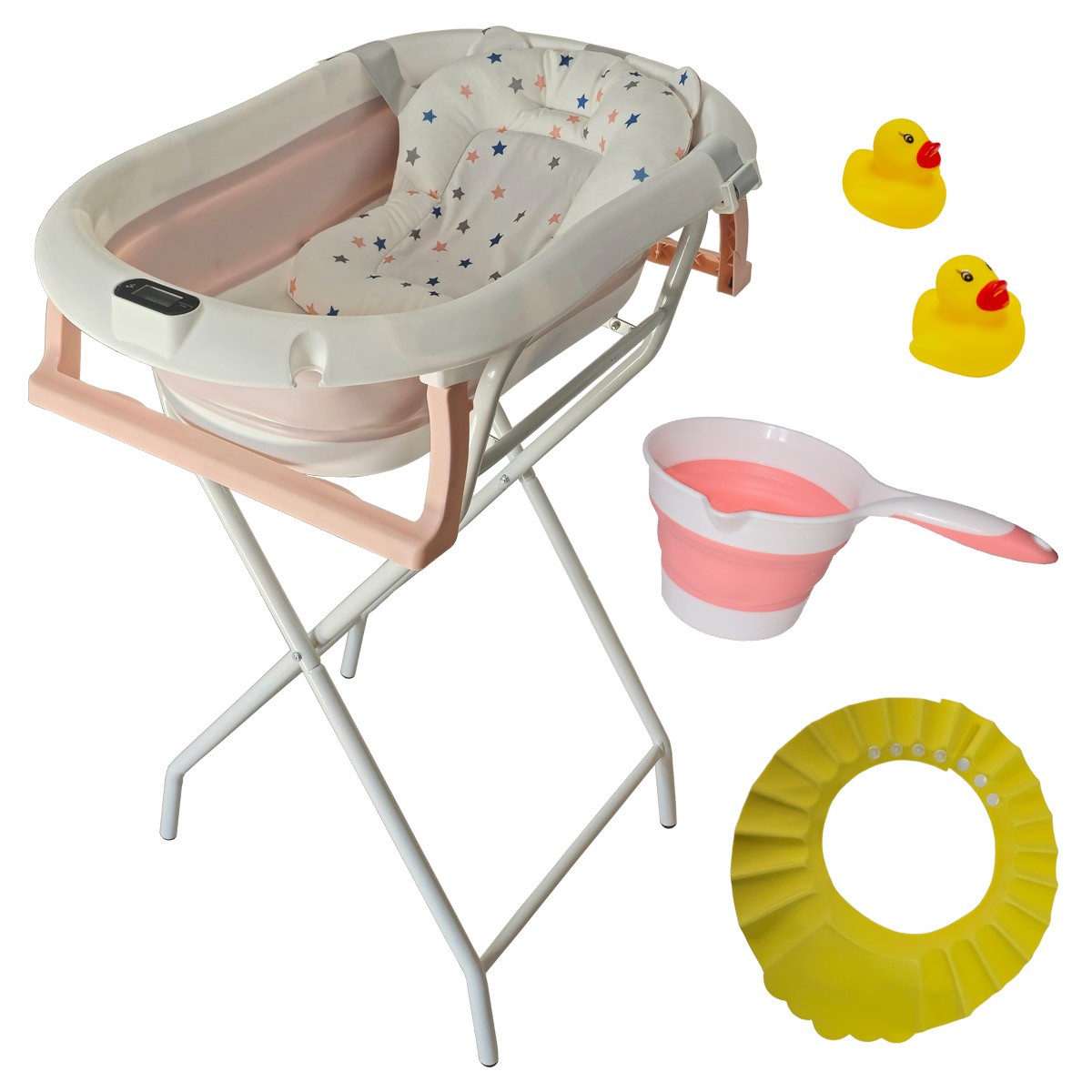 Cadita pliabila roz cu suport metalic KidsCare, termometru, perna reductor, jucarii, protectie cap, cana pliabila