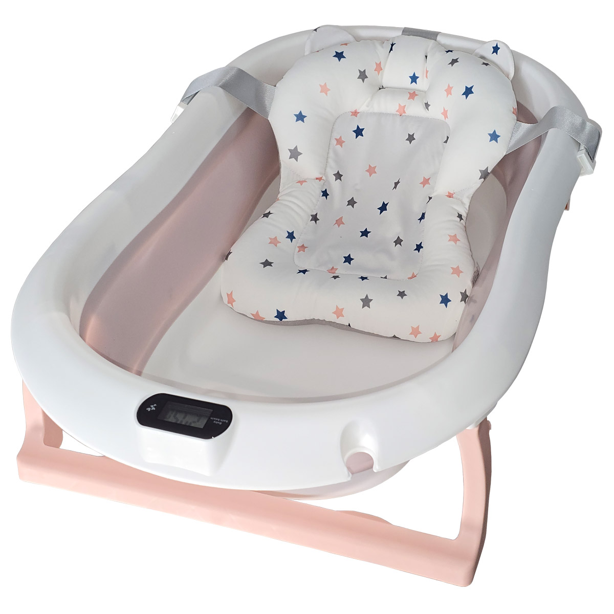 Cadita pliabila roz cu suport metalic KidsCare, termometru, perna reductor, jucarii, protectie cap, cana pliabila