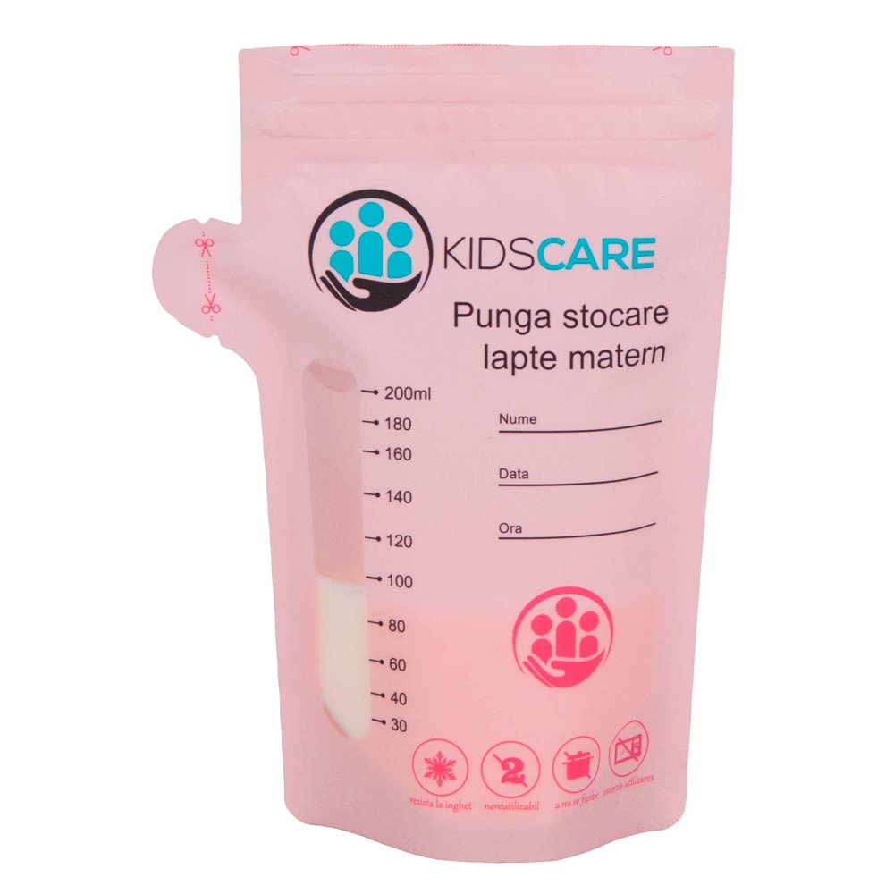 Set 100 pungi pentru stocarea laptelui matern KidsCare 200 ml cu fermoar dublu