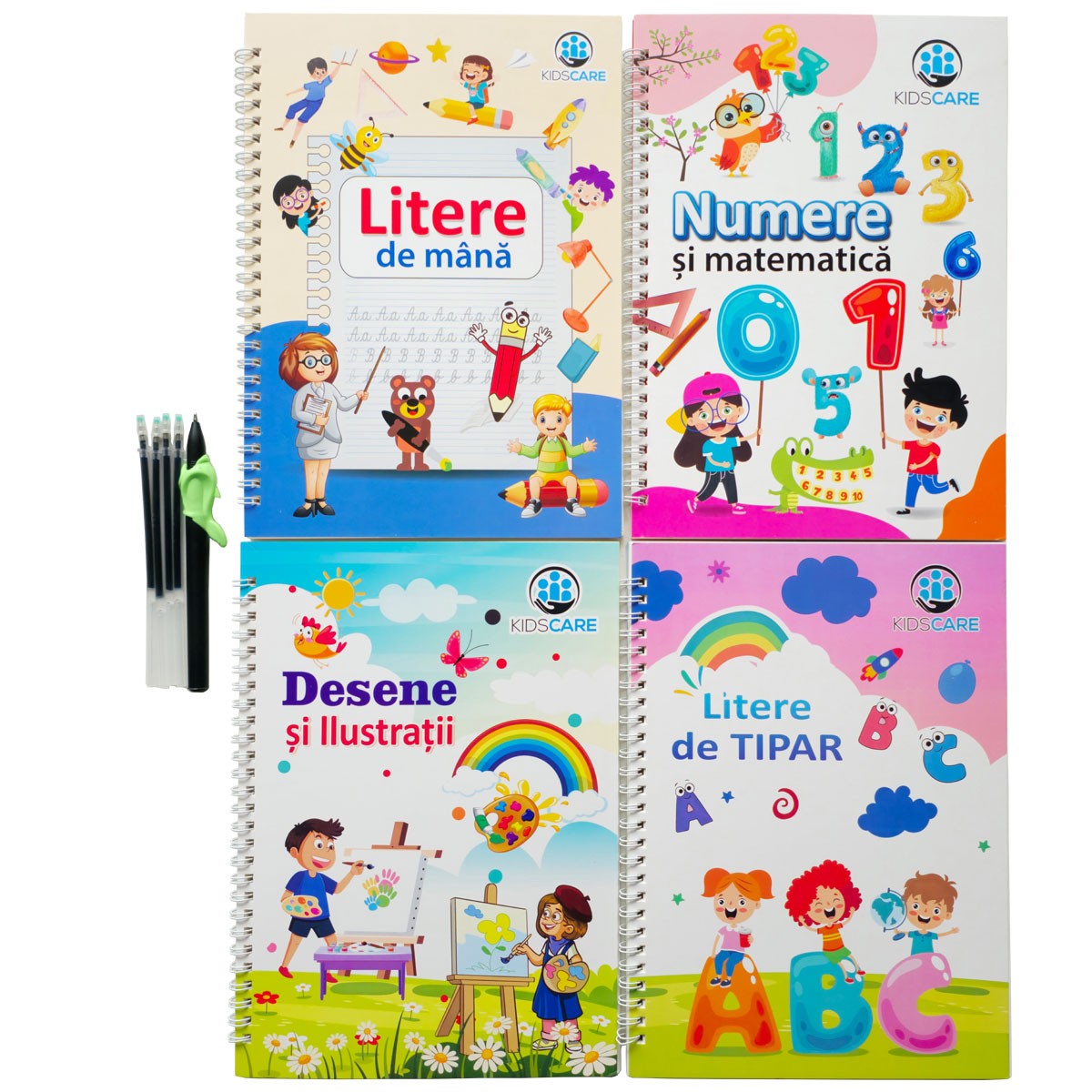 Set 4 Caiete Magice Kidscare in limba romana pentru caligrafie – Litere de Mana, Litere de Tipar, Cifre si Desen, 26x18.5 cm