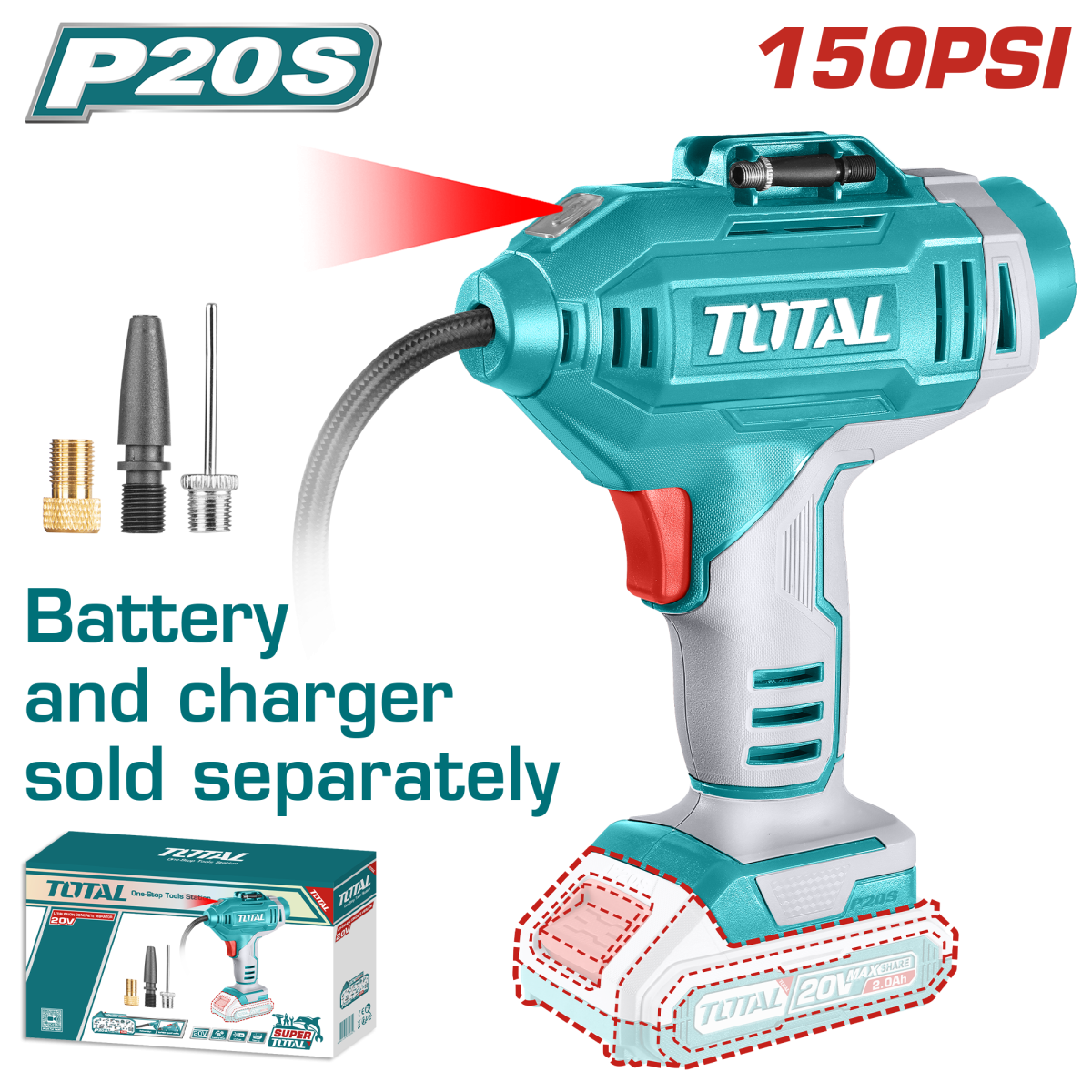 TOTAL - COMPRESOR AER - 150PSI/10.34BAR - LI-ION - 20V (NU INCLUDE ACUMULATOR SI INCARCATOR)