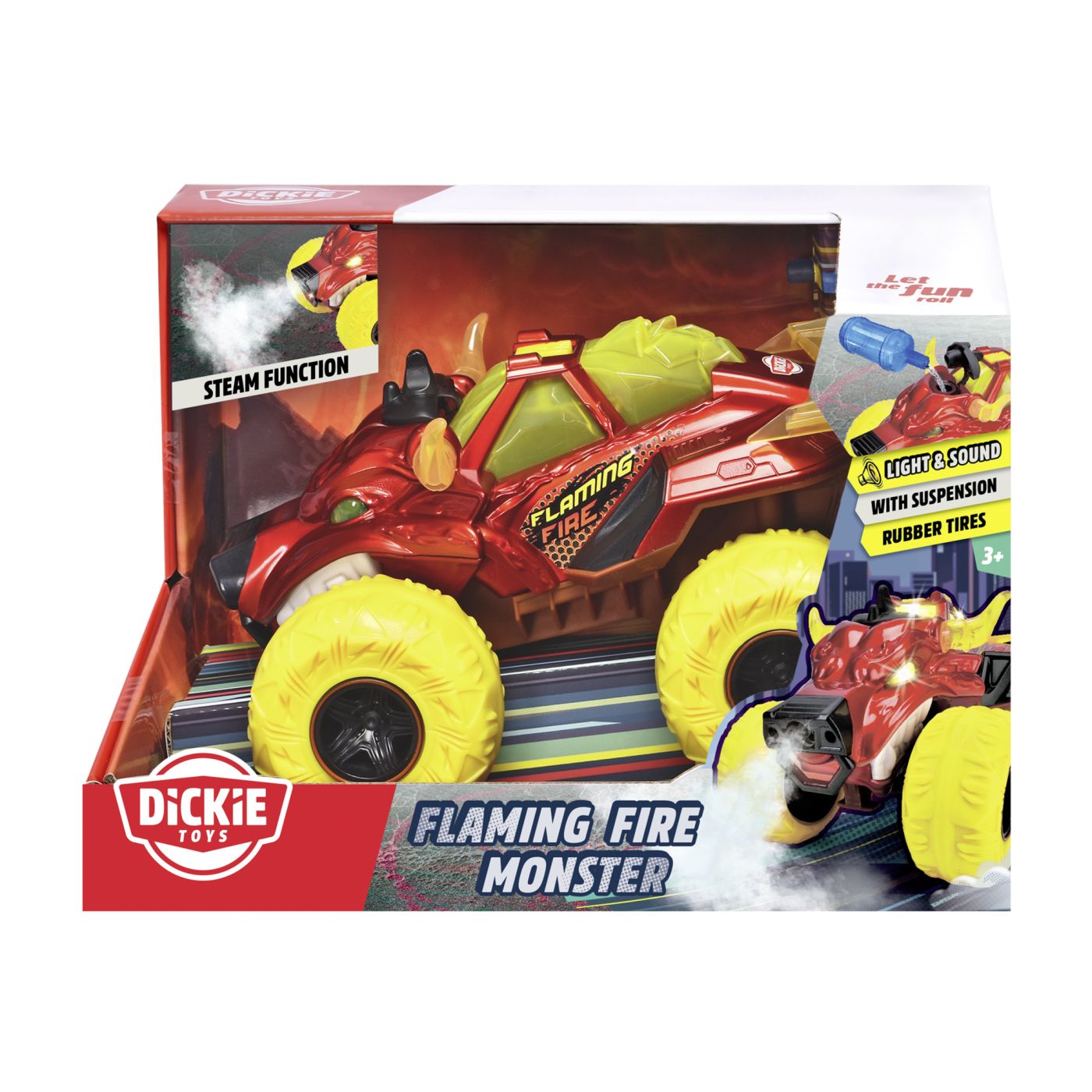 DICKIE MASINA DE TEREN FLAMING FIRE MONSTER CU LUMINI SUNETE SUSPENSII SI FUNCTIE ABUR 25CM