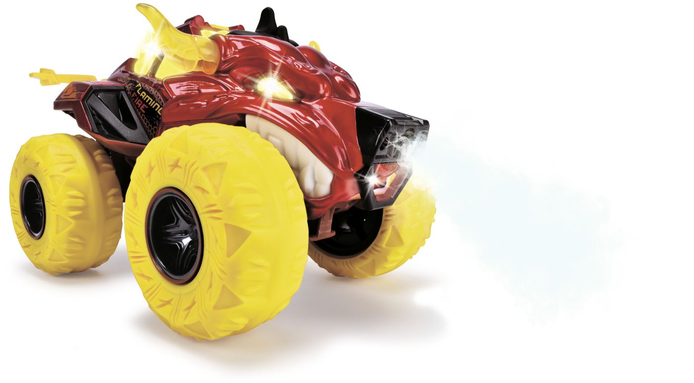 DICKIE MASINA DE TEREN FLAMING FIRE MONSTER CU LUMINI SUNETE SUSPENSII SI FUNCTIE ABUR 25CM