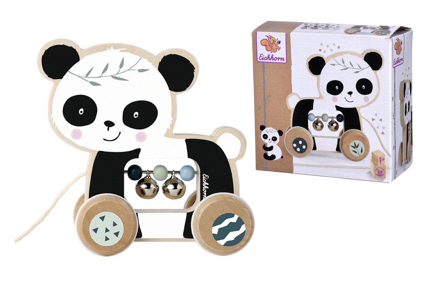 Jucarie de tras panda din lemn Eichhorn, 15 cm, cu clopotei