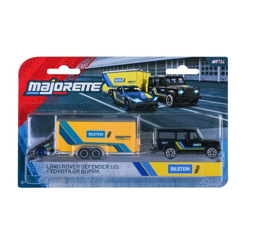 Set Majorette Transporter Deluxe cu Land Rover Defender 110 si Toyota GR Supra