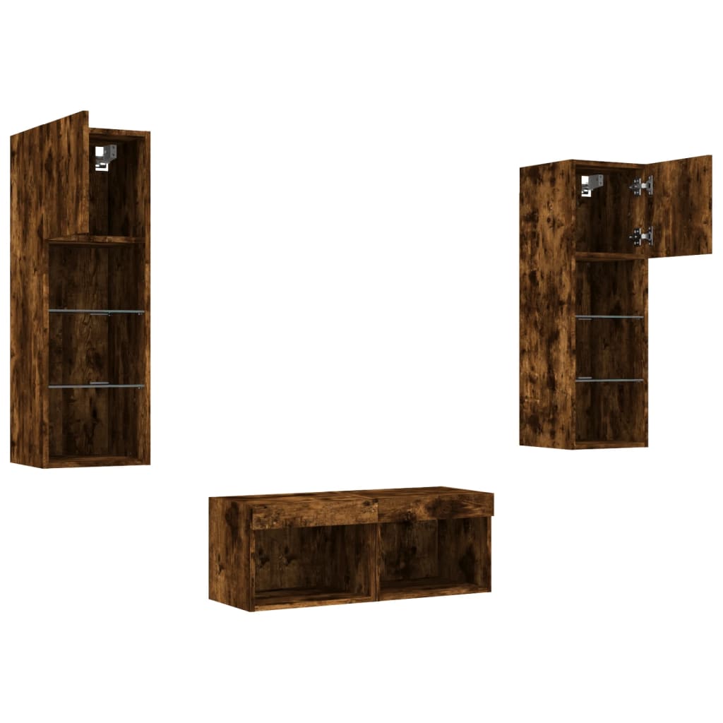 Comode TV de perete cu lumini LED, 4 piese, stejar fumuriu GartenMobel Dekor