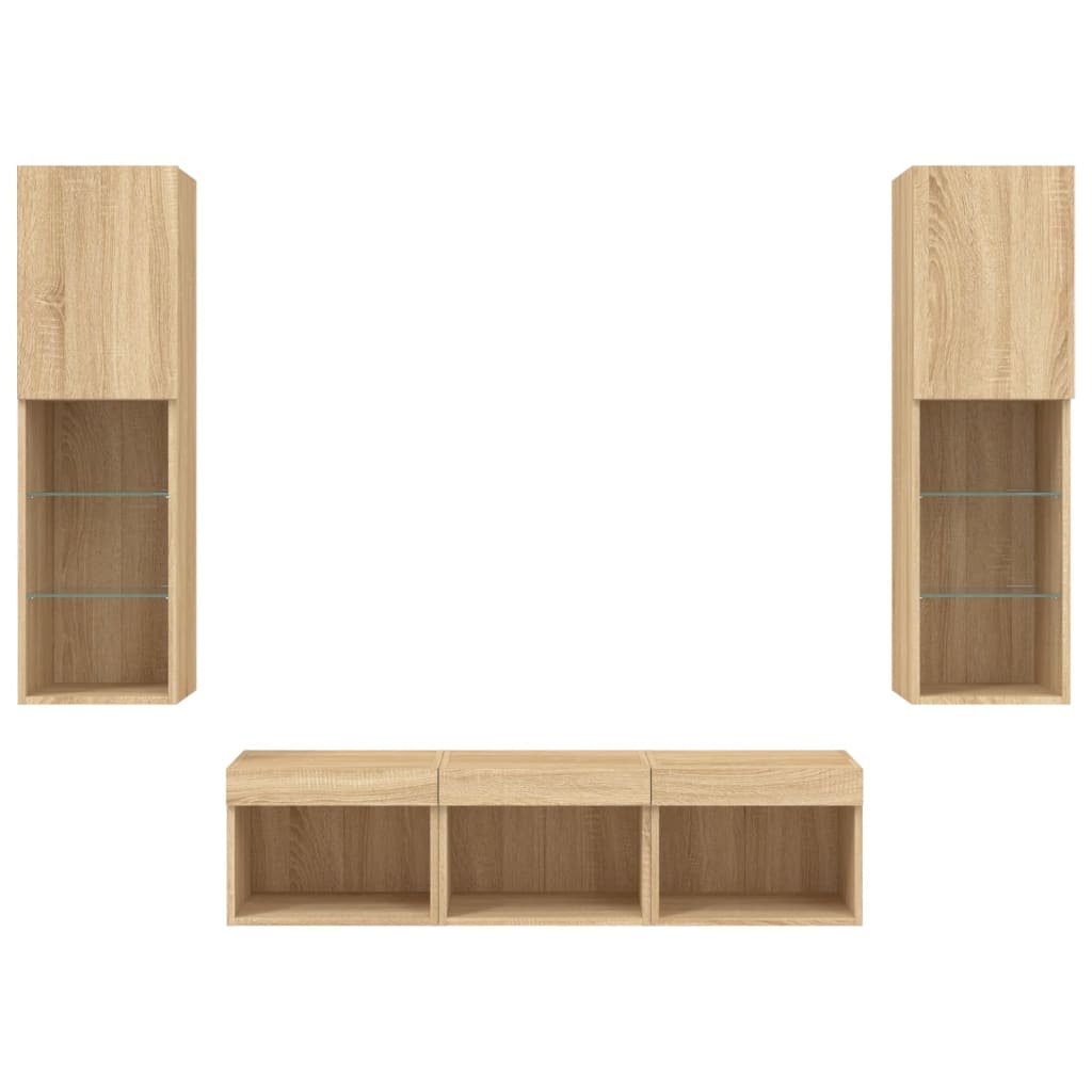 Unități de perete TV cu LED-uri, 5 piese, stejar sonoma, lemn GartenMobel Dekor