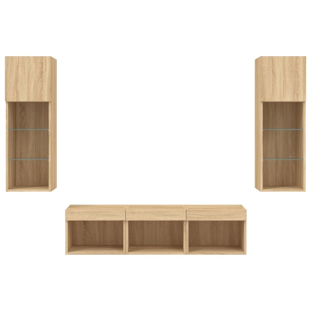 Unități de perete TV cu LED-uri, 5 piese, stejar sonoma, lemn GartenMobel Dekor